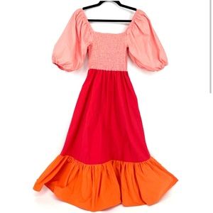 Rhode Eloise Strawberry Ruched Balloon Sleeve Midi Dress Tiered Pink and Orange